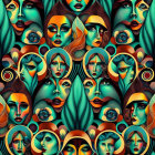 Colorful Digital Artwork: Symmetrical Faces & Ornamental Elements