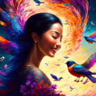 Colorful butterfly wings portrait of a smiling woman with bird in hand