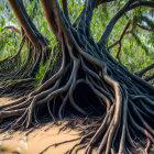 Colorful painting of ancient tree in sunlit forest