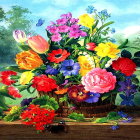 Colorful Flowers and Butterflies in Vase on Lush Background