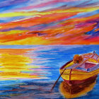 Colorful sunset painting with ocean, wooden boat, and distant sailboat