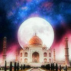 Iconic Taj Mahal Night Sky with Oversized Moon and Stars Reflection