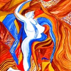 Abstract Painting: Intertwined Human Figures in Blue, Orange, and Yellow Hues