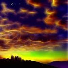 Vibrant sunset with orange clouds, crescent moon, stars, and hill silhouette