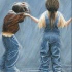 Young children walking in the rain, one protecting with hands, the other covering mouth.