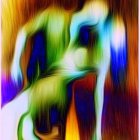 Colorful artwork featuring two dancers in fluid motion with headpieces in abstract swirl.