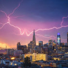 Dramatic night cityscape with lightning strikes and rain