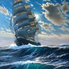 Sailing ship on turbulent waves under swirling sky