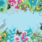 Colorful Flowers and Bird Artwork on Blue Background