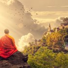 Monk meditating on cliff overlooking mystical forest at sunrise