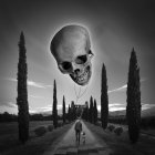 Monochromatic fantasy landscape with cloaked figure and giant floating skull