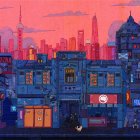 Cityscape painting: Vibrant dusk scene with illuminated buildings and pink-orange sky