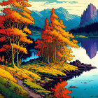 Vibrant orange trees and calm lake in fantasy landscape