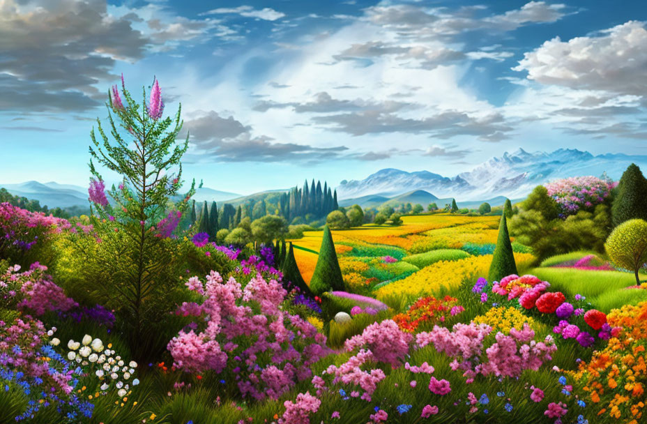 Colorful landscape with blooming flowers, greenery, mountains, blue sky