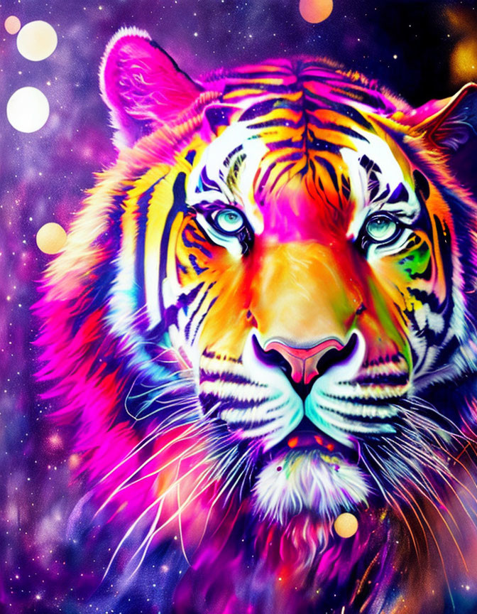 Vibrant Tiger Face Art with Cosmic Background