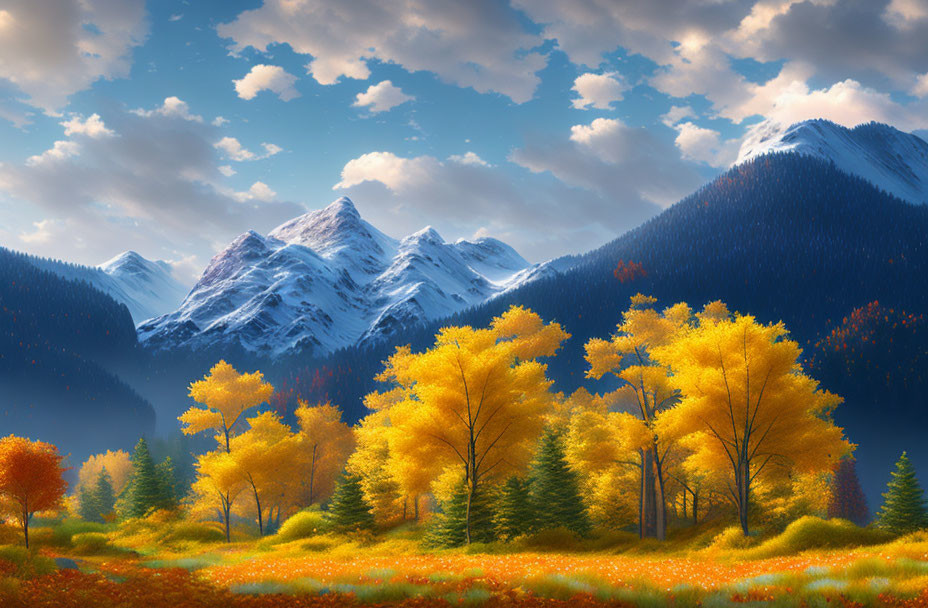 Vibrant yellow trees in lush autumnal forest with snow-capped mountains under blue sky