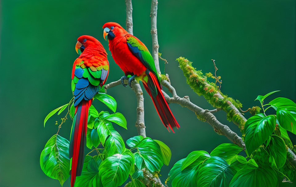 Pair of vibrant red macaws perched in lush green foliage