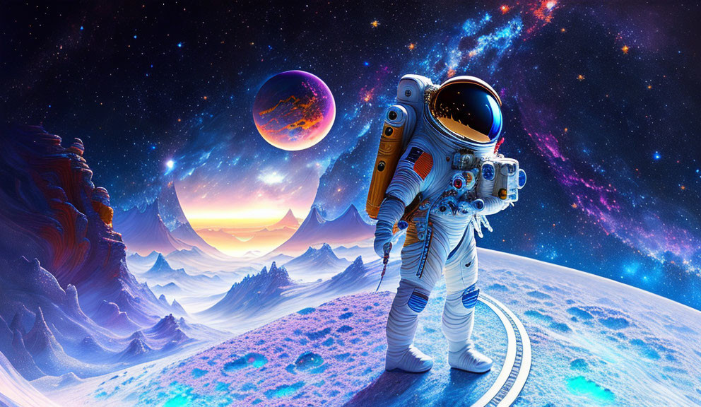 Astronaut on vibrant alien planet with blue ground and colorful cosmos