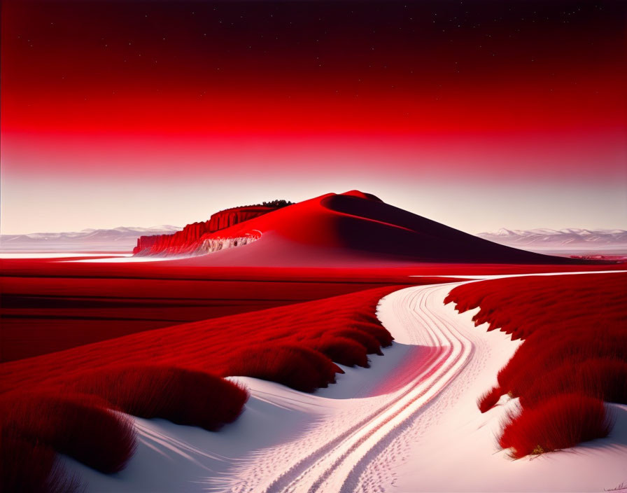 Red sand dunes under starry night sky with footprints path