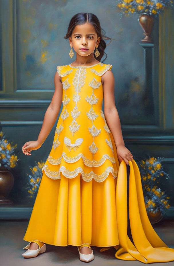 Young girl in yellow dress with floral embroidery against floral backdrop