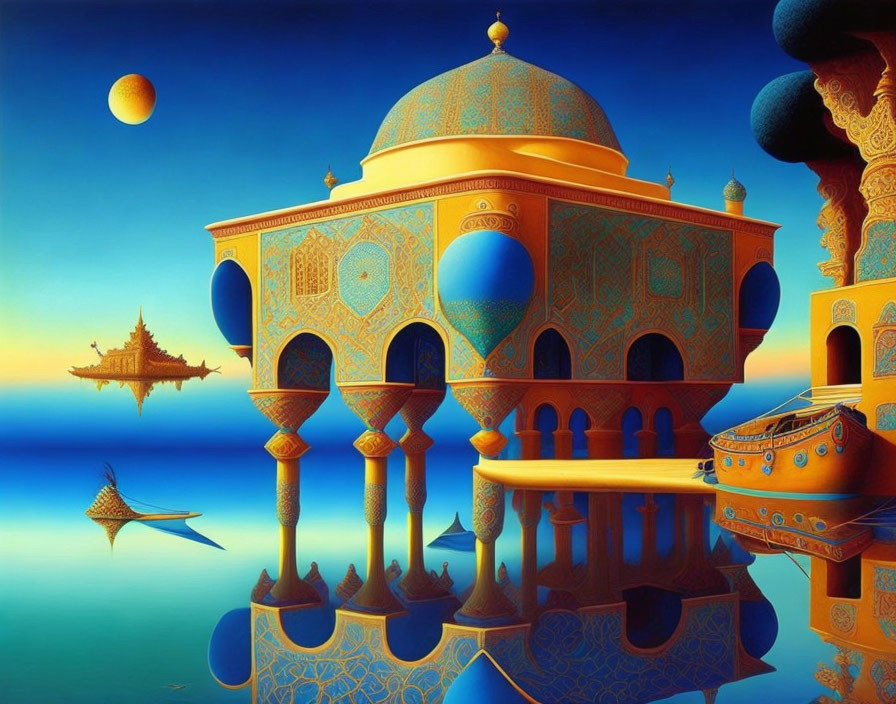 Fantastical blue and gold palace with floating islands on serene waters