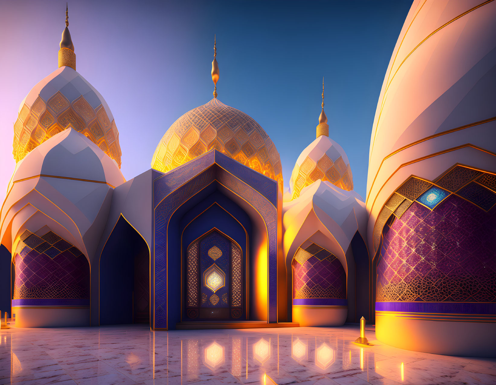 Golden domed mosque with blue arches under twilight sky