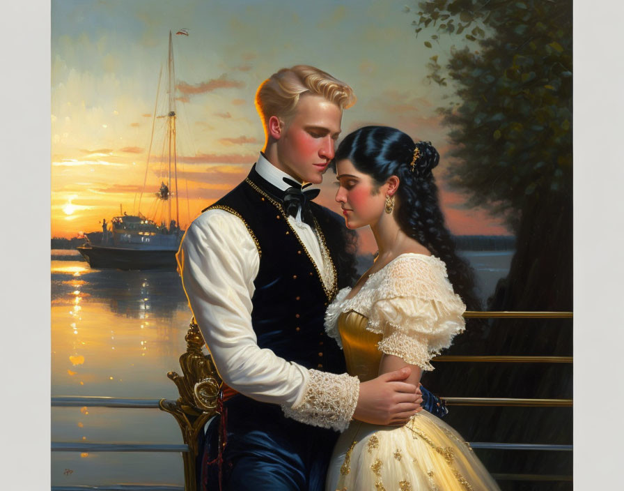 Romantic vintage attire couple embracing seaside sunset boat portrait