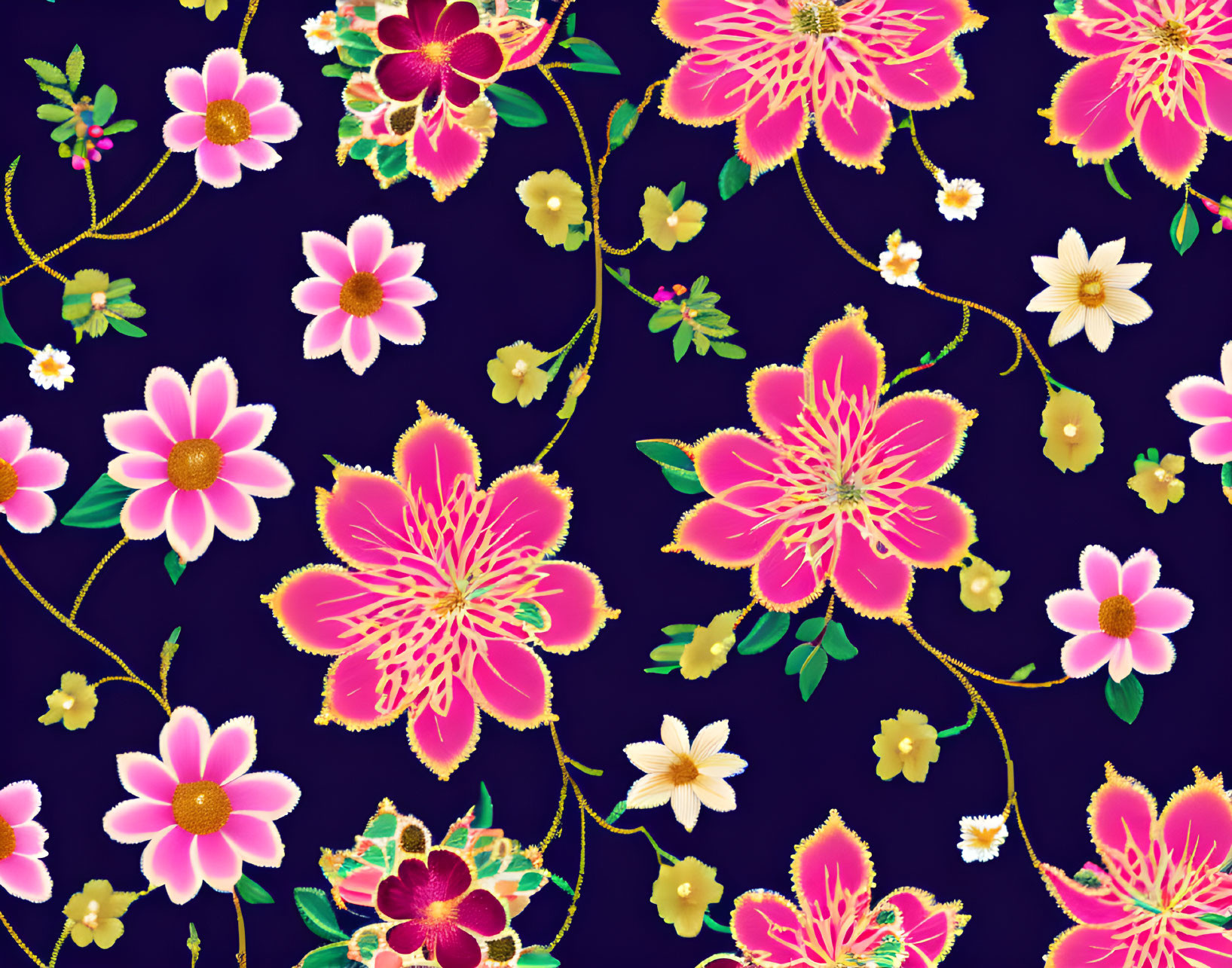 Pink and Red Floral Pattern on Dark Blue Background