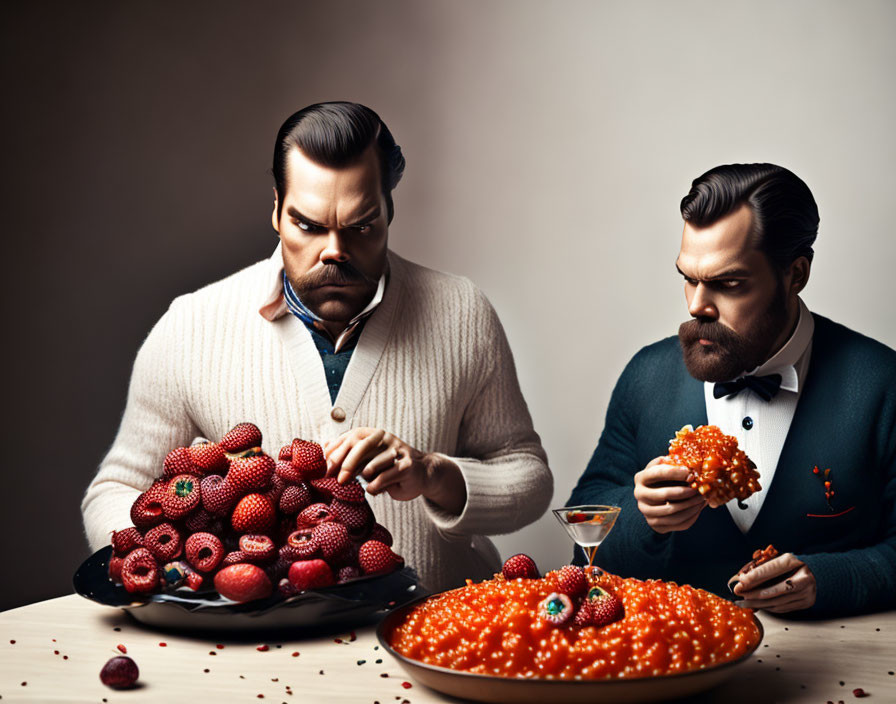 Identical men with mustaches dining at table