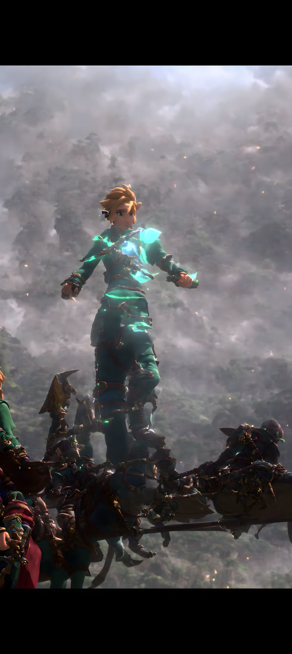 Character in Blue Armor Stands on Beam in Misty Forest