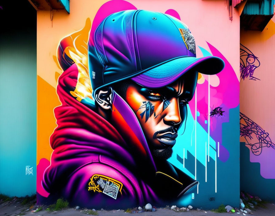 Colorful graffiti of a person in cap and jacket on vibrant wall.