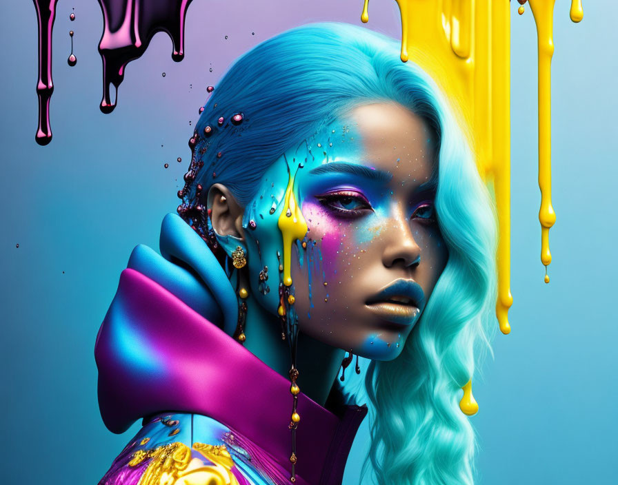 Vibrant blue-haired woman with colorful makeup and outfit on blue background