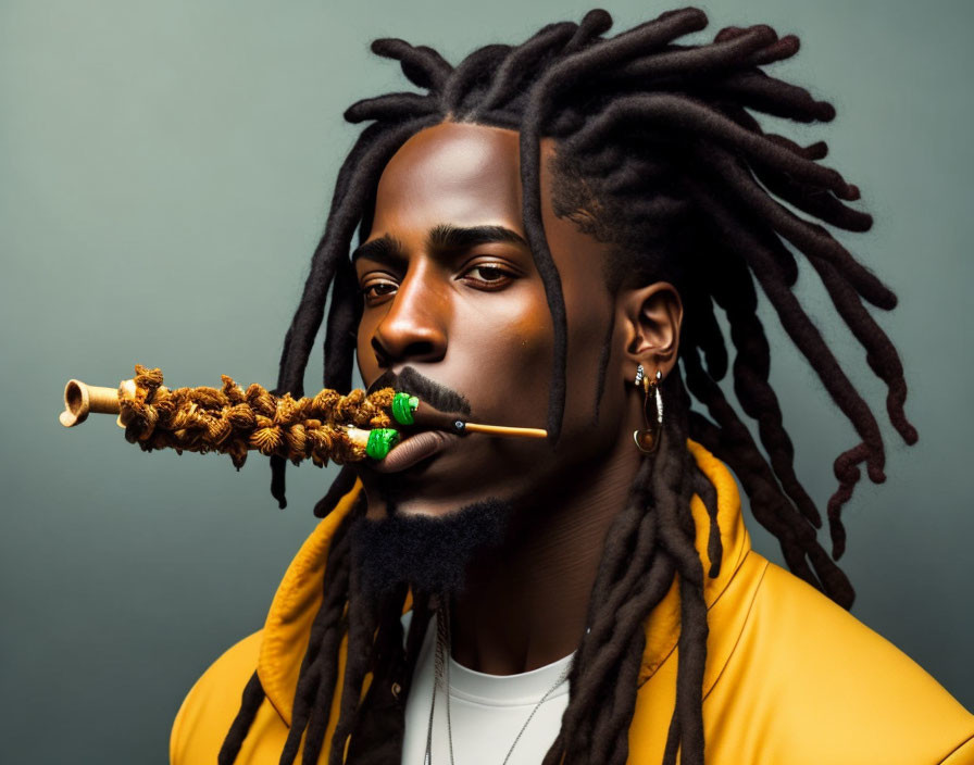 Person with dreadlocks playing flute on teal background