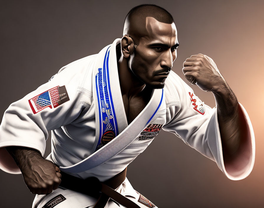 Focused individual in white judogi with blue belt in martial arts stance on gradient background.