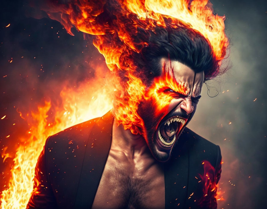 Intense man engulfed in artistic flames symbolizing power and emotion