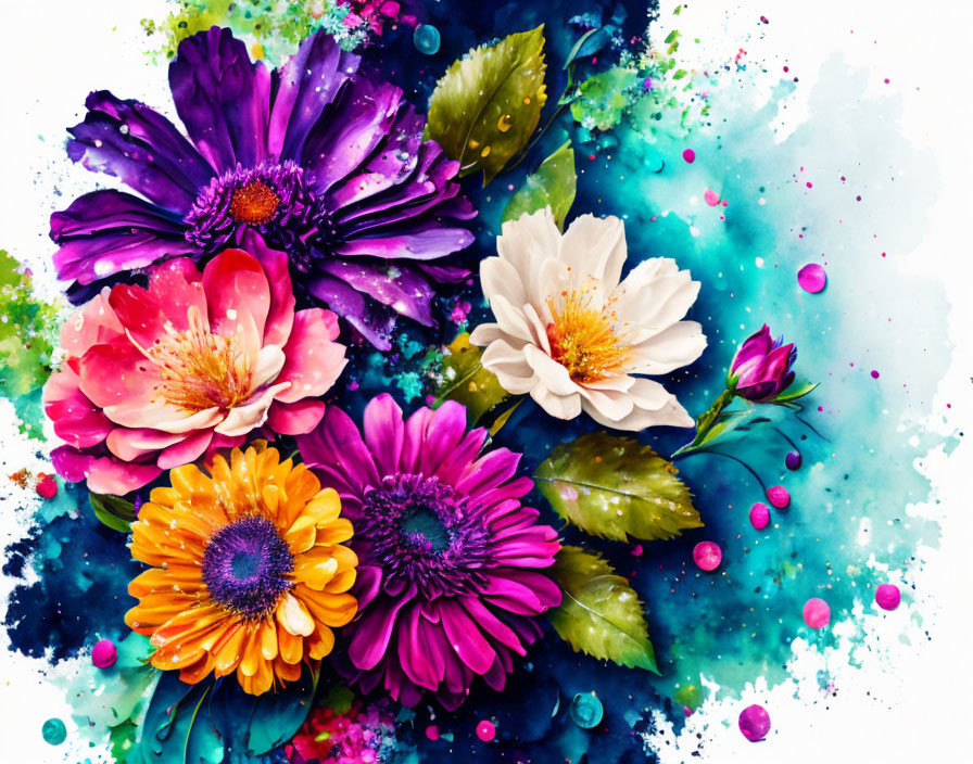 Colorful Flower Artwork with Blue and Pink Paint Splashes