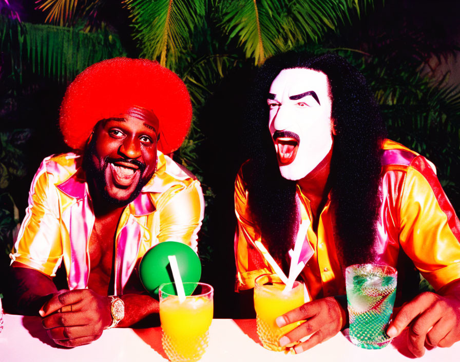 Men in vibrant shirts and face paint at tropical bar with colorful drinks