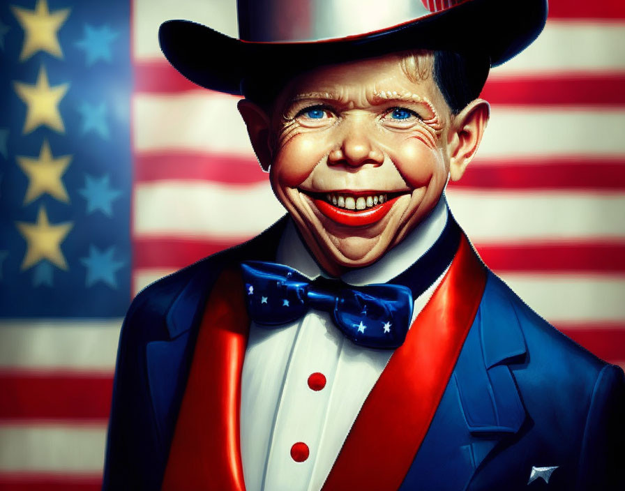 Smiling figure in patriotic attire with American flag backdrop