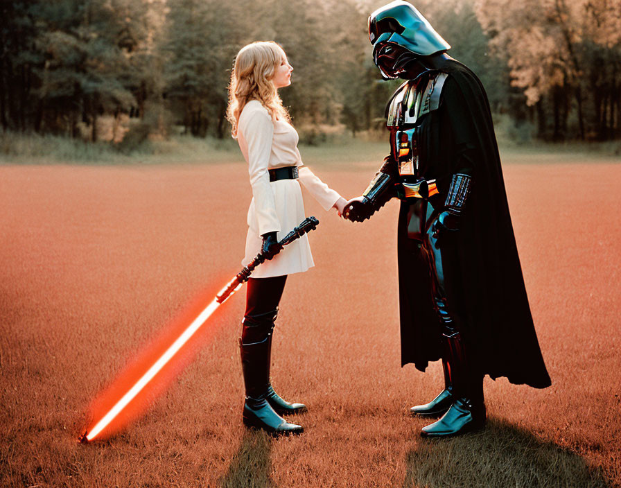 Cosplay: Darth Vader and Jedi holding hands with lightsabers in forest