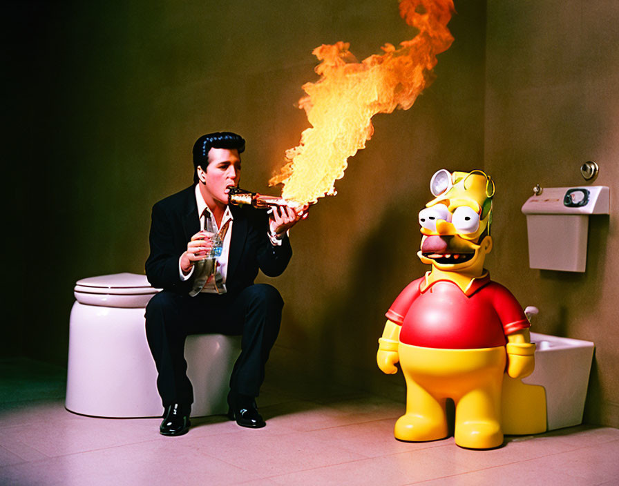 Elvis Presley Lookalike on Toilet with Flaming Gun and Homer Simpson Figure