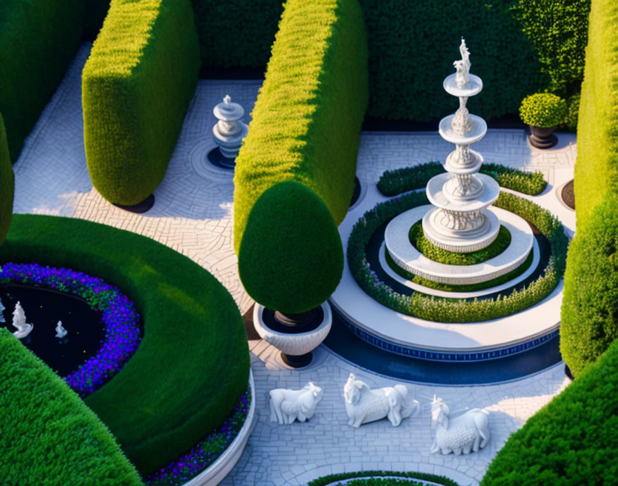 Manicured hedges, tiered fountain, white statues in ornate garden