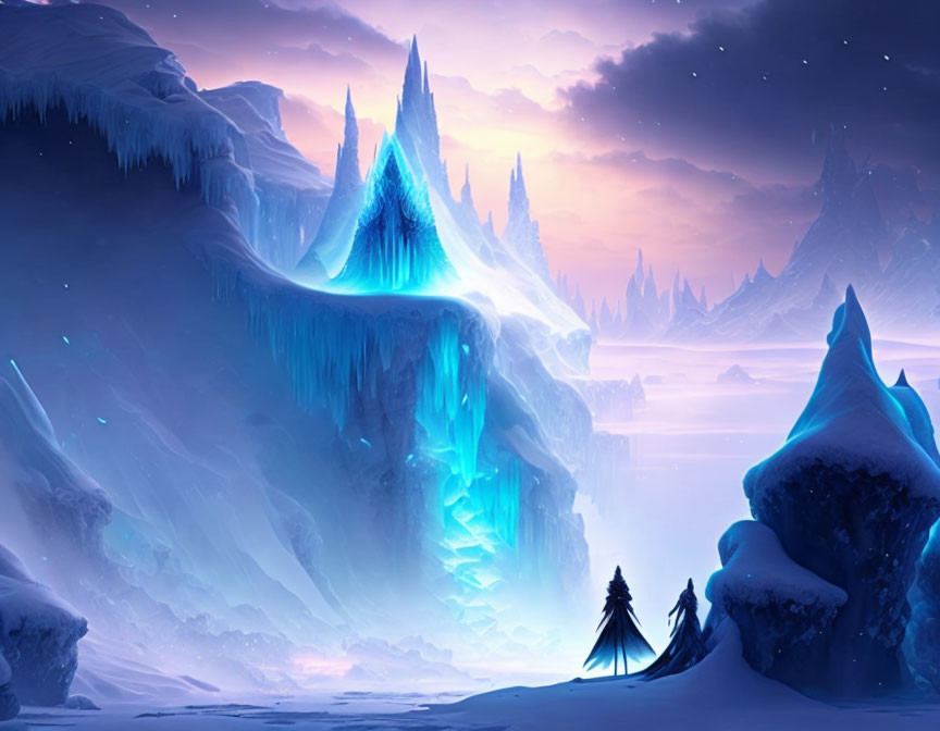 Mystical icy landscape at dusk with towering ice formations and cloaked figure