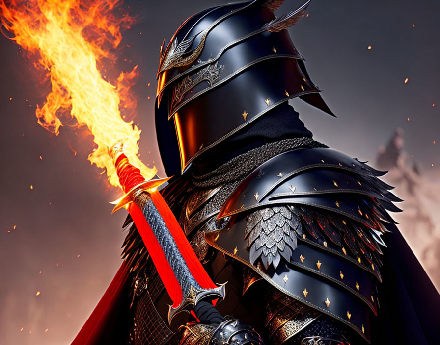 Knight in black armor wields flaming sword under stormy sky