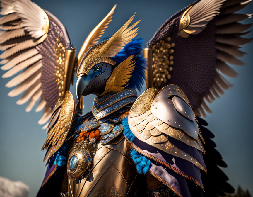 Golden armored anthropomorphic bird with intricate feathers against sky backdrop