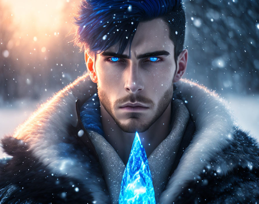 Man with Blue Hair and Crystal in Snowy Scene