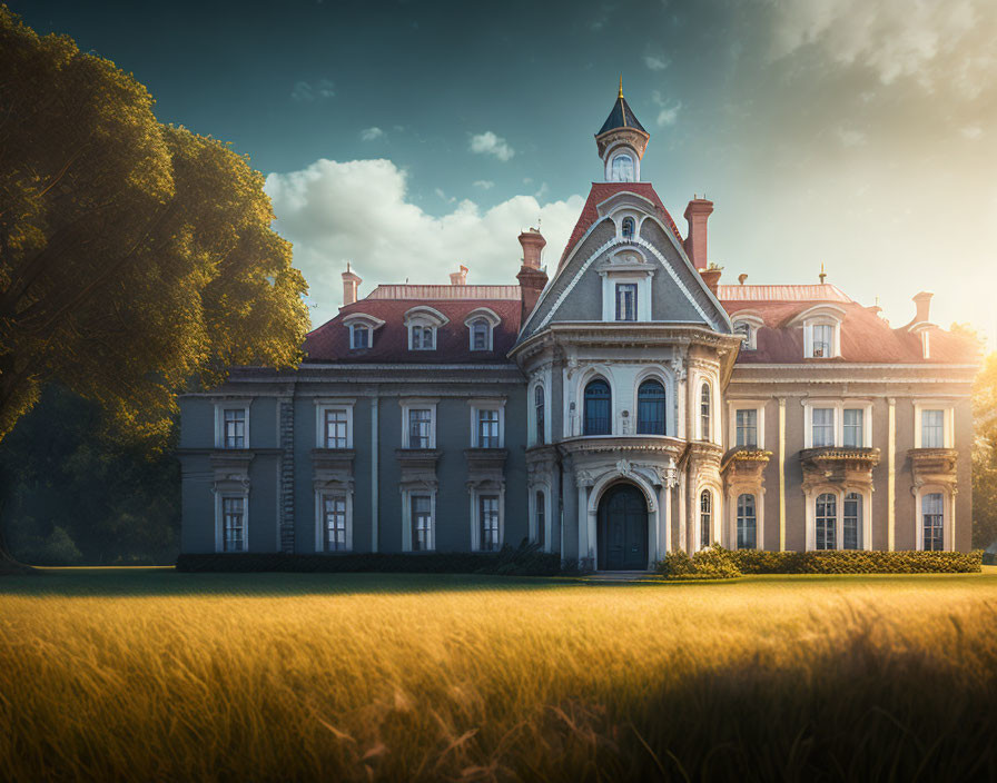 Victorian-style mansion with tower in sunny forest landscape