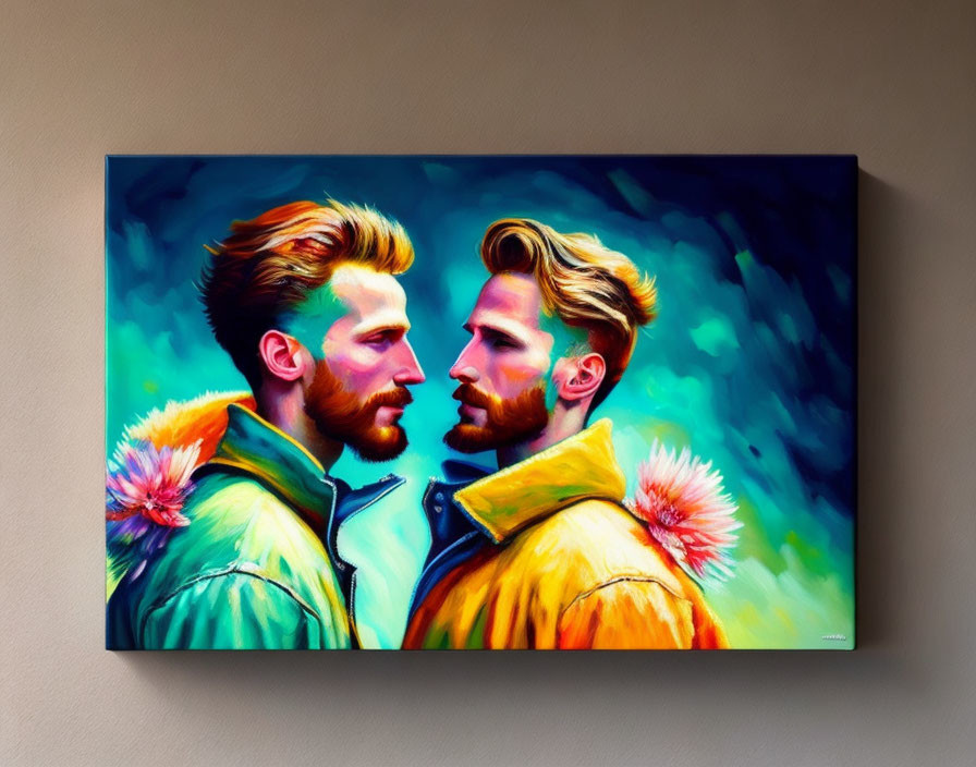 Vibrant canvas painting of two bearded men in fur-trimmed jackets