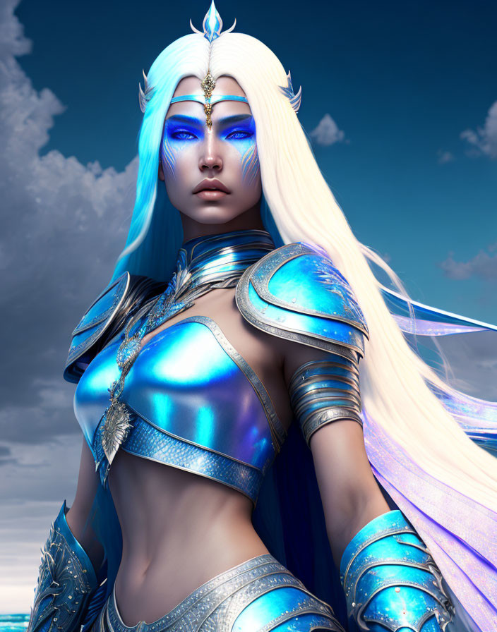 Fantasy female character with long white hair and blue skin in intricate blue armor against cloud-filled sky