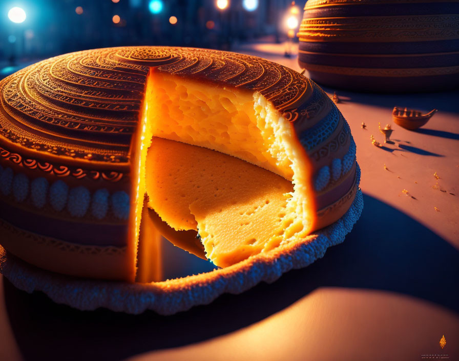 Stylized spherical cake with cut-out section on bokeh-lit background