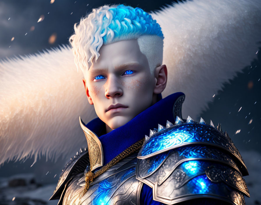 Young boy in fantasy armor with white hair & blue eyes in snowy scene